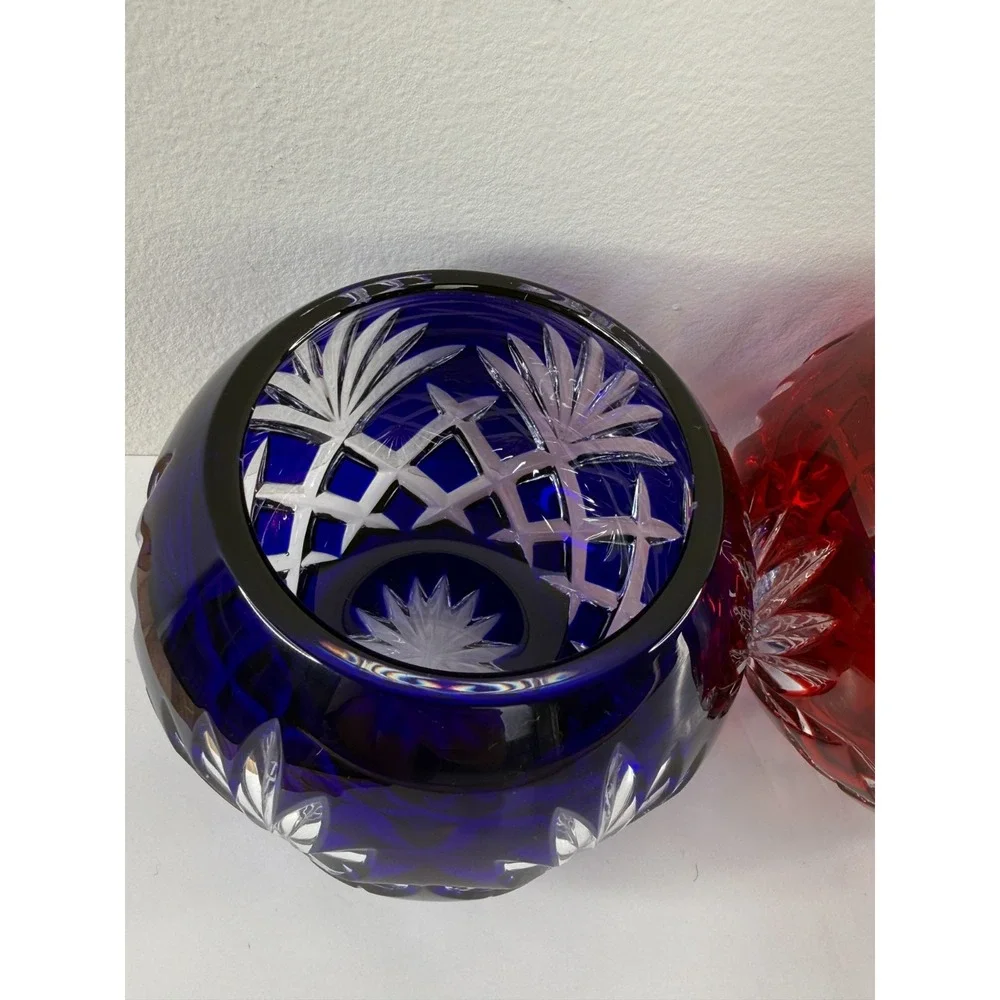 Faberge Crystal Votive Candle Holders Ruby Red Cobalt Blue Cut Clear Signed Pair